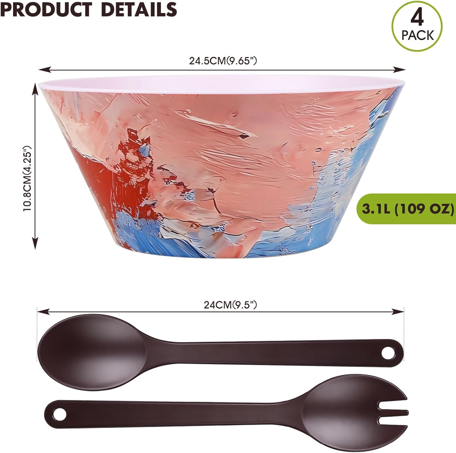 Greentainer Set of 4 Large Salad Bowls with Fork and Spoon, Crisp Bowls, Sweets, Snacks, Plastic Serving Bowls, Melamine Free, Stackable Serving Bowls