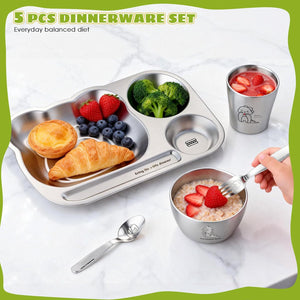 Greentainer Kids Dinnerware Set Stainless Steel with Plate, Bowl, Spoon, Fork, Dishwasher Safe, Healthy Tableware, BPA Free