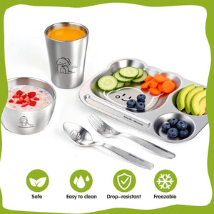 Greentainer Kids Dinnerware Set Stainless Steel with Plate, Bowl, Spoon, Fork, Dishwasher Safe, Healthy Tableware, BPA Free