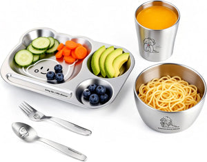 Greentainer Kids Dinnerware Set Stainless Steel with Plate, Bowl, Spoon, Fork, Dishwasher Safe, Healthy Tableware, BPA Free
