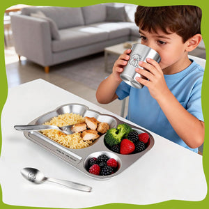 Greentainer Kids Dinnerware Set Stainless Steel with Plate, Bowl, Spoon, Fork, Dishwasher Safe, Healthy Tableware, BPA Free
