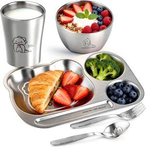 Greentainer Kids Dinnerware Set Stainless Steel with Plate, Bowl, Spoon, Fork, Dishwasher Safe, Healthy Tableware, BPA Free