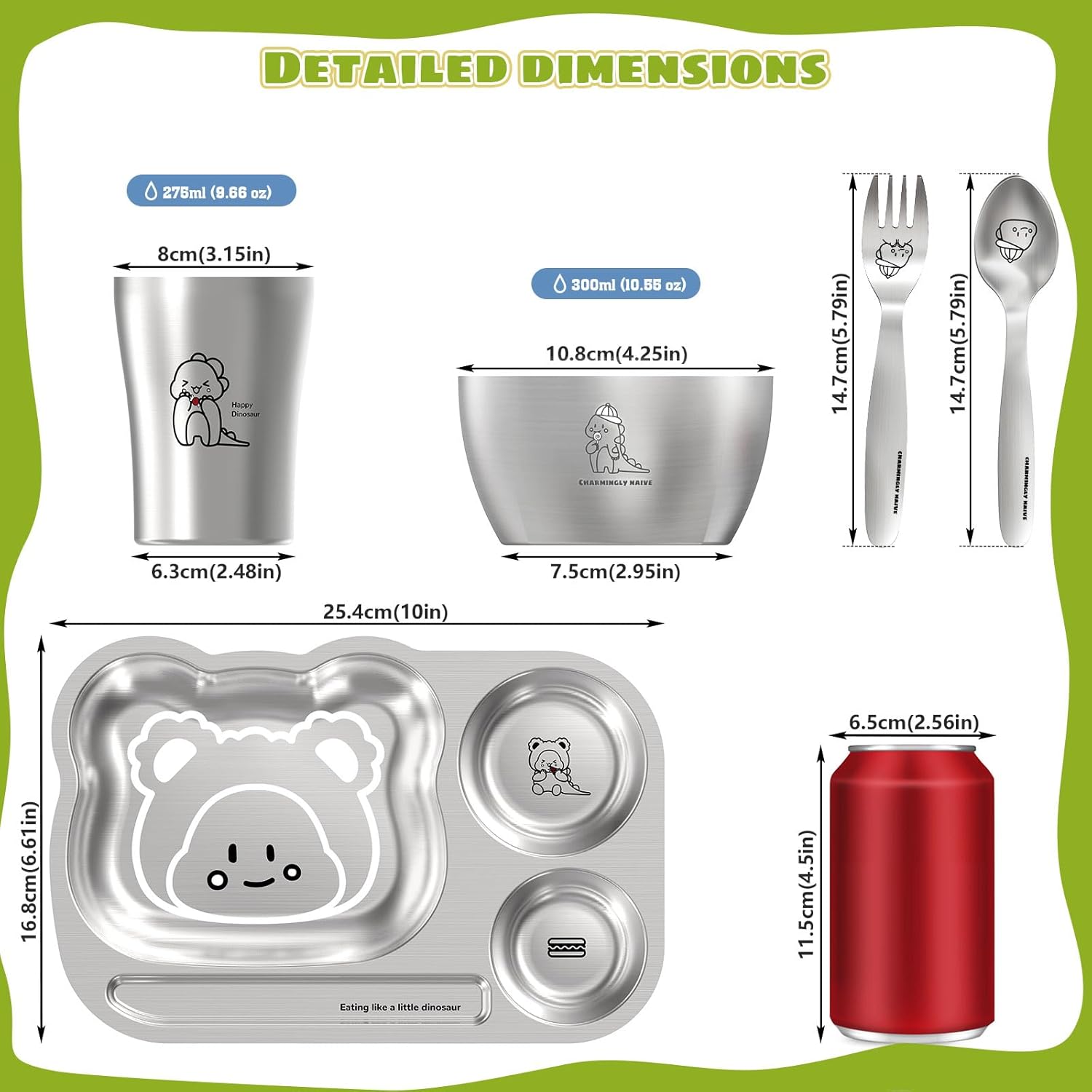 Greentainer Kids Dinnerware Set Stainless Steel with Plate, Bowl, Spoon, Fork, Dishwasher Safe, Healthy Tableware, BPA Free