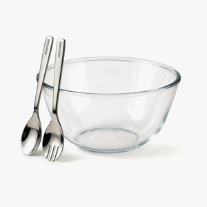 Greentainer extra-large glass salad bowl with wooden lid and serving utensils