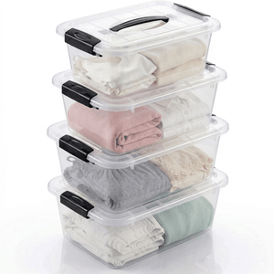 Greentainer stackable storage boxes stacked on shelf