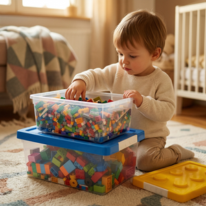 Greentainer toy storage bins with baseplate-style lids compatible with building bricks