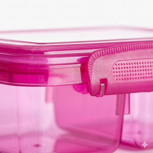 Close-up of a pink kids snack container showing the secure leak-proof locking latch