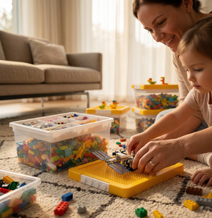 Greentainer stackable toy storage bins with baseplate lids and removable compartment tray