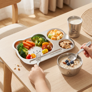Greentainer kids cartoon stainless steel plate, bowl, cup, spoon and fork set