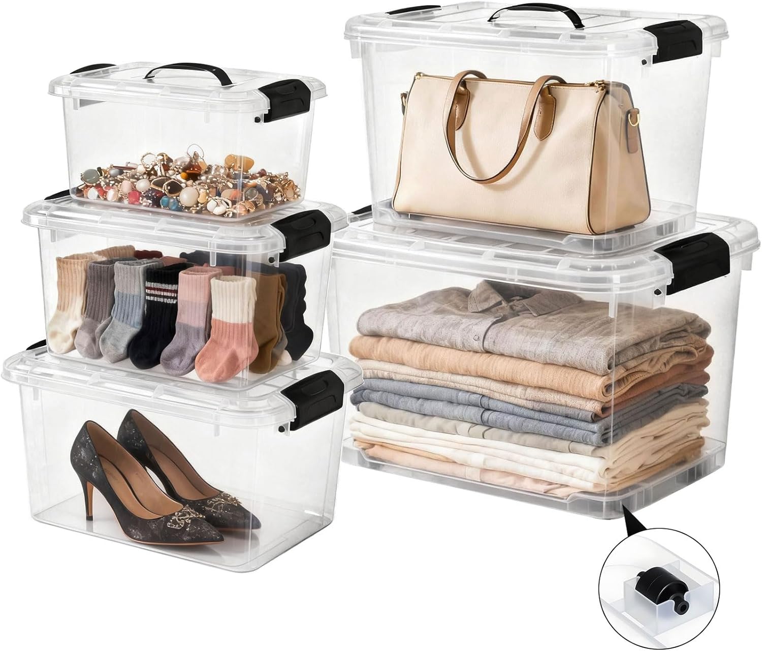 Greentainer 5er Set Spielzeug Organizer Aufbewahrungsbox mit Deckel & Griff,Stapelbar Kunststoffbox mit Clips aus Plastik für Kleidung,Küche,Bücher,Büro,BPA Frei|Verschiedene Größen|Transparent