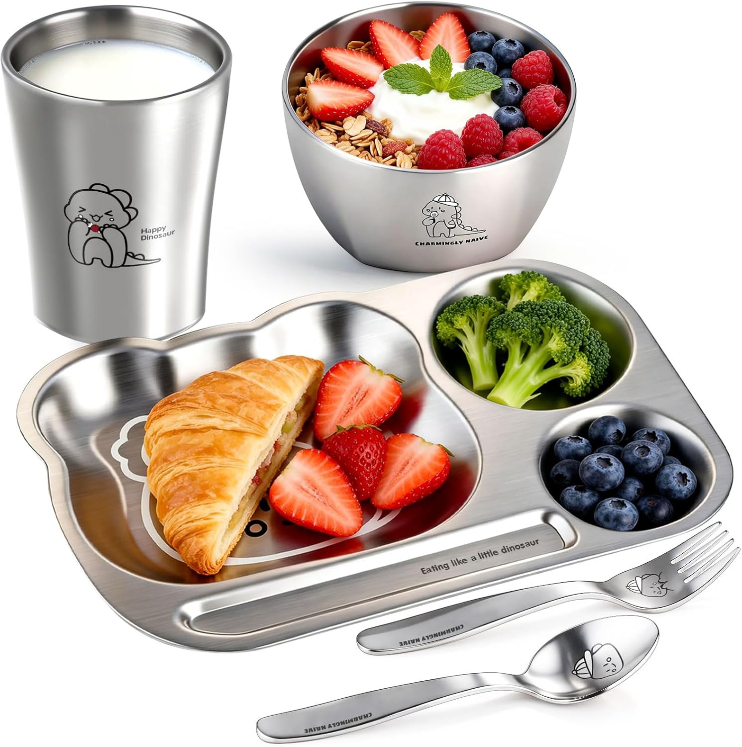 Greentainer Kids Dinnerware Set Stainless Steel with Plate, Bowl, Spoon, Fork, Dishwasher Safe, Healthy Tableware, BPA Free