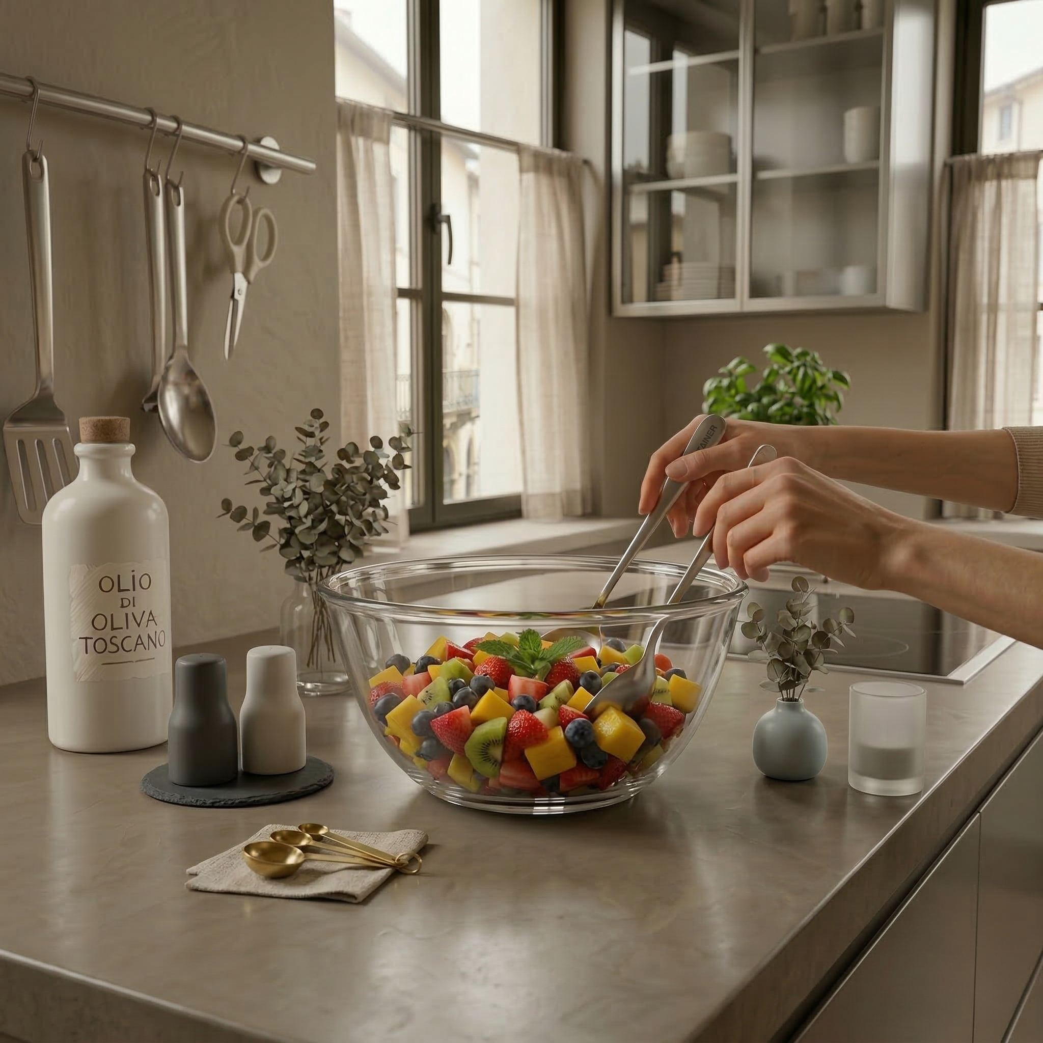 Large Glass Salad Bowl With Fork and Spoon | Greentainer EU