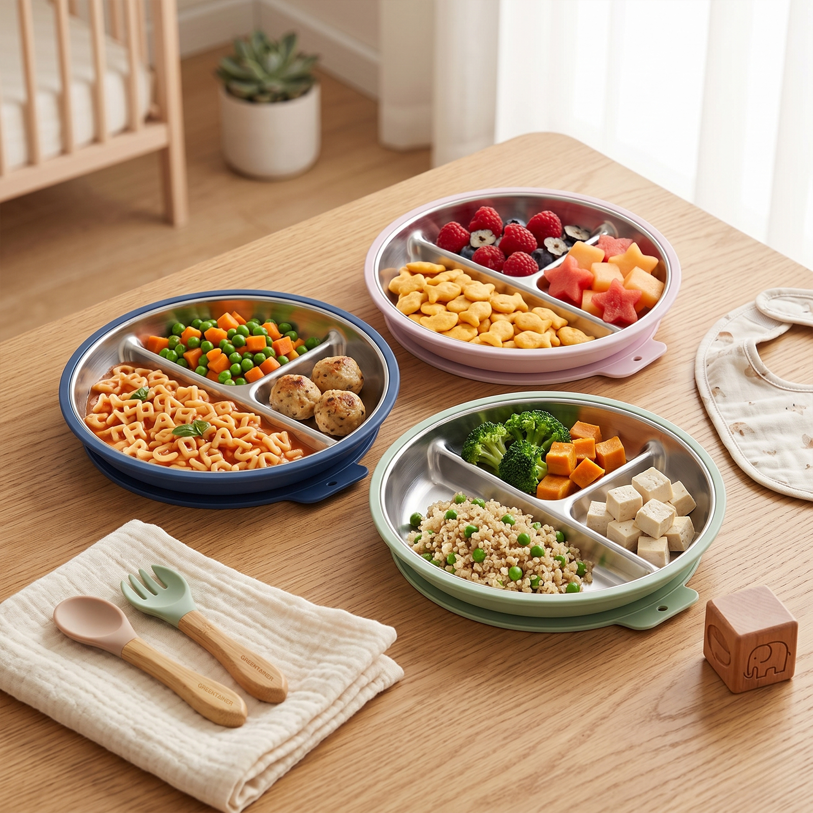 Greentainer 3-compartment kids plates for meals and snacks
