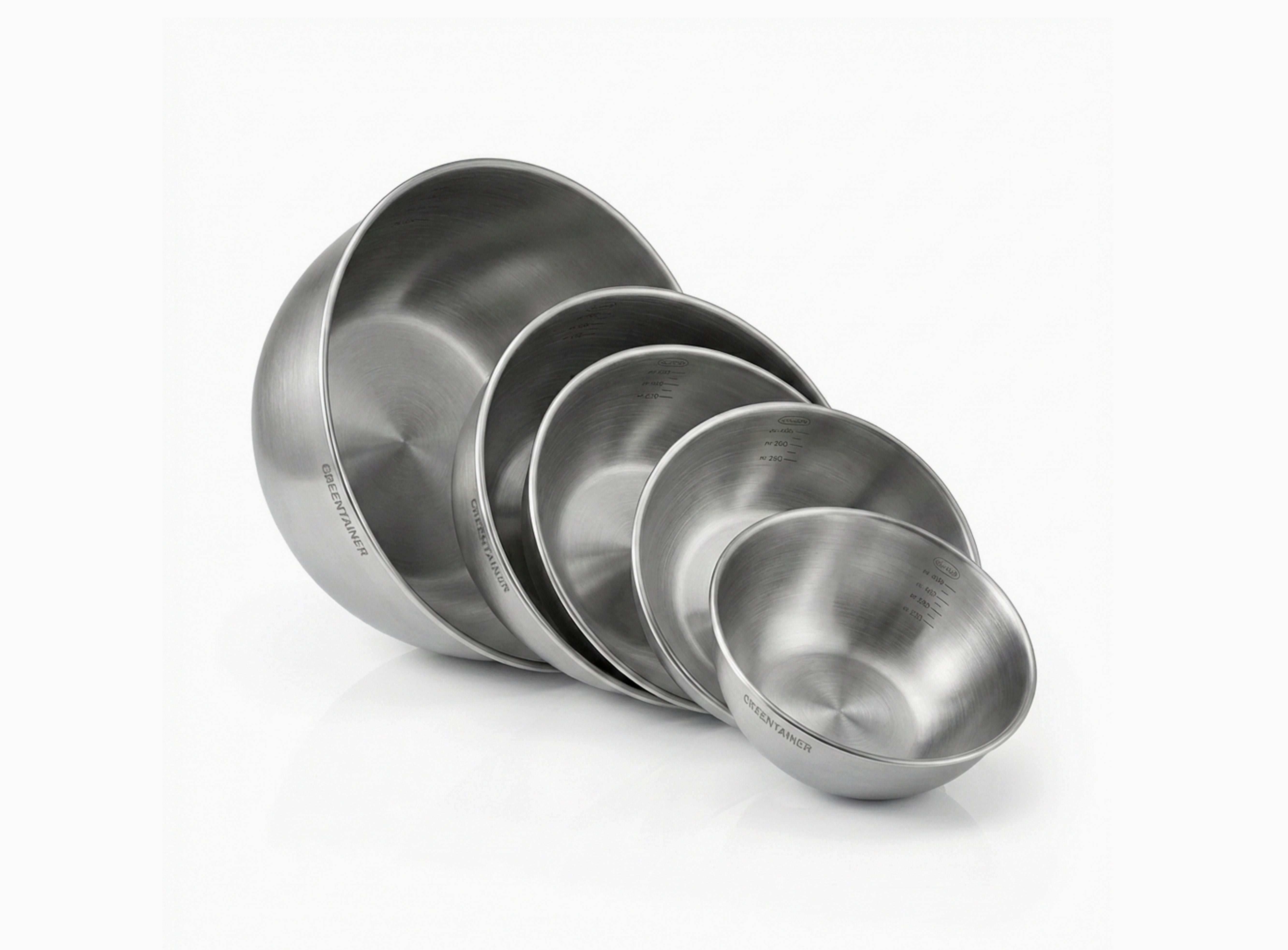 Greentainer stainless steel bowls with capacity marks showing normal and maximum fill