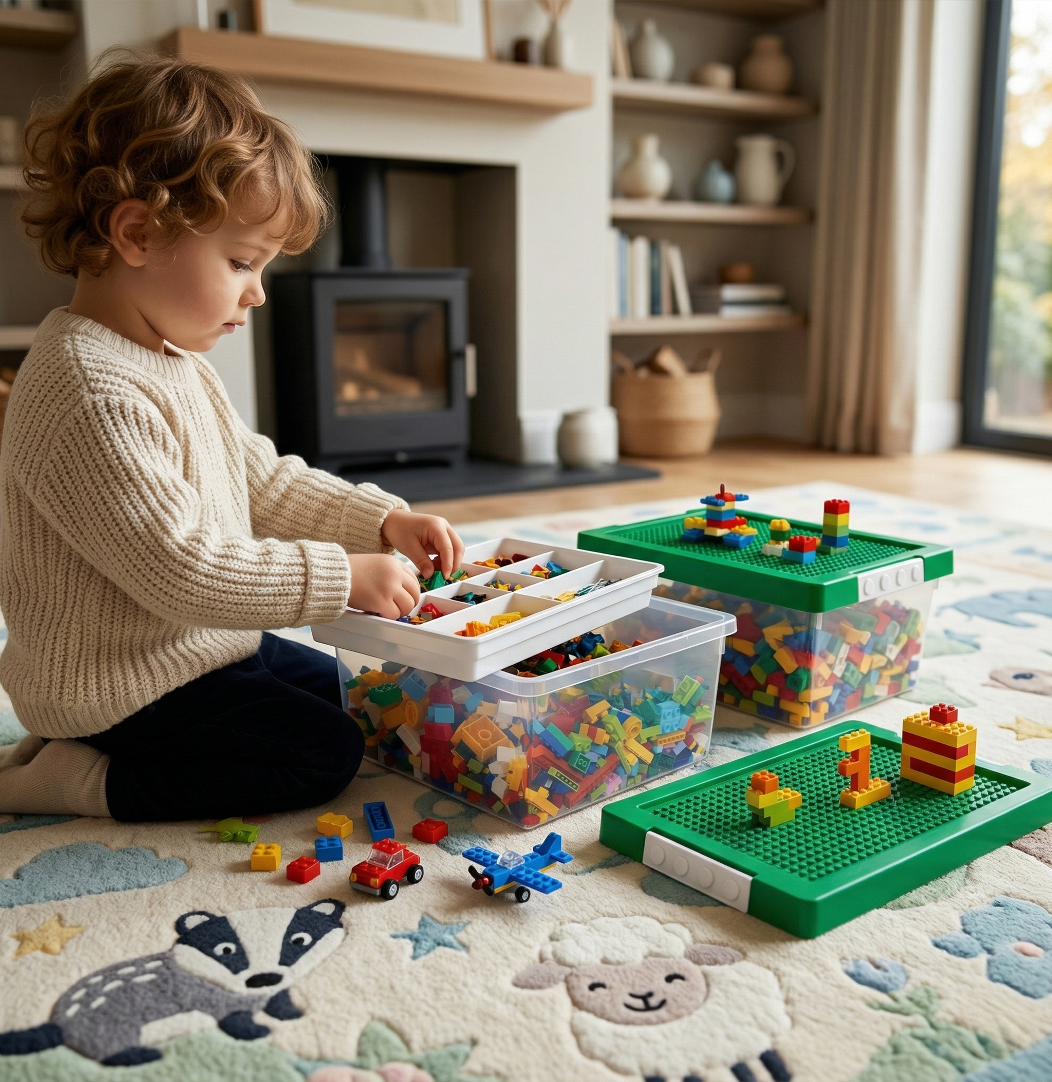 Greentainer stackable toy storage bins with building-block baseplate lids in green