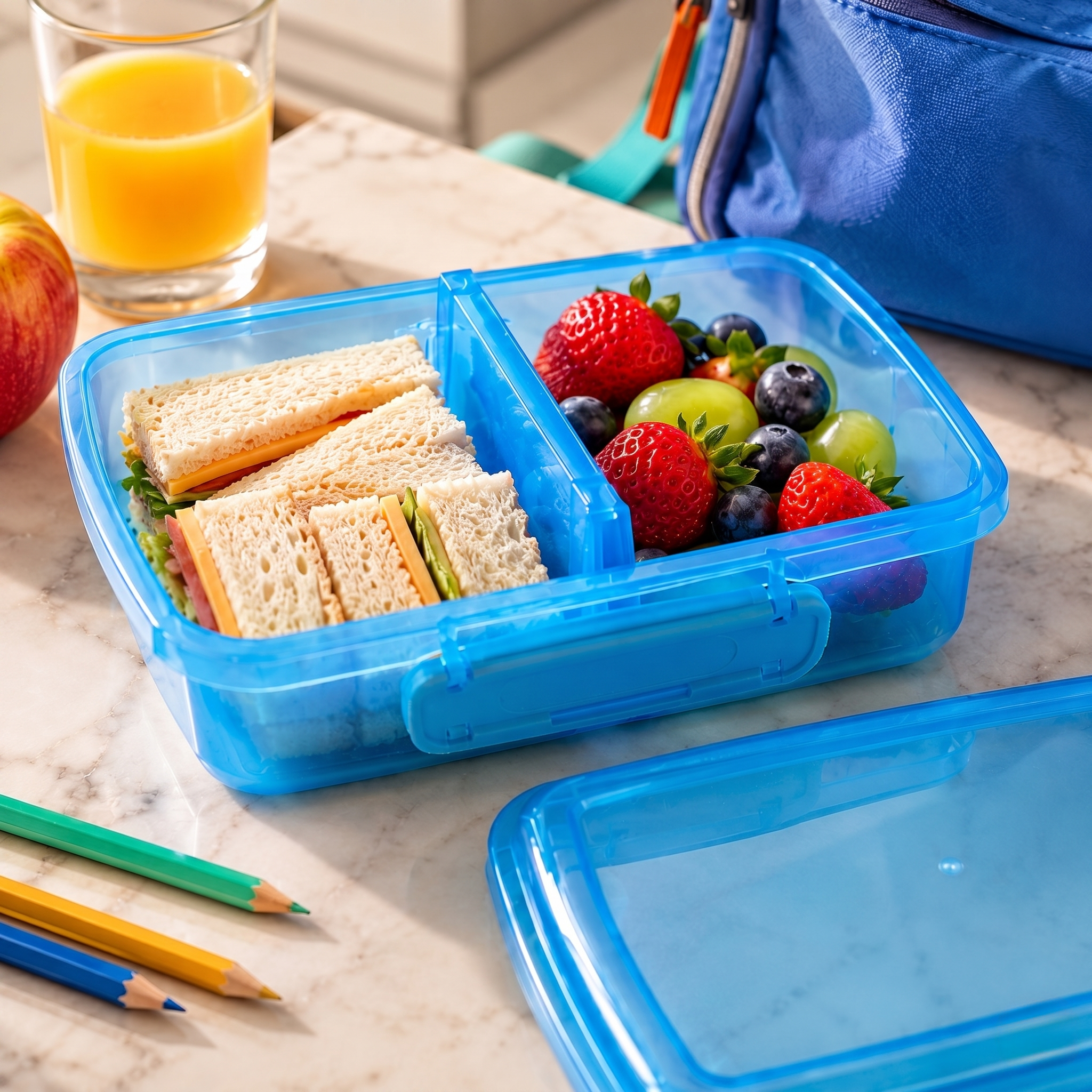 Blue divided kids snack box with a sandwich and veggies on a school desk