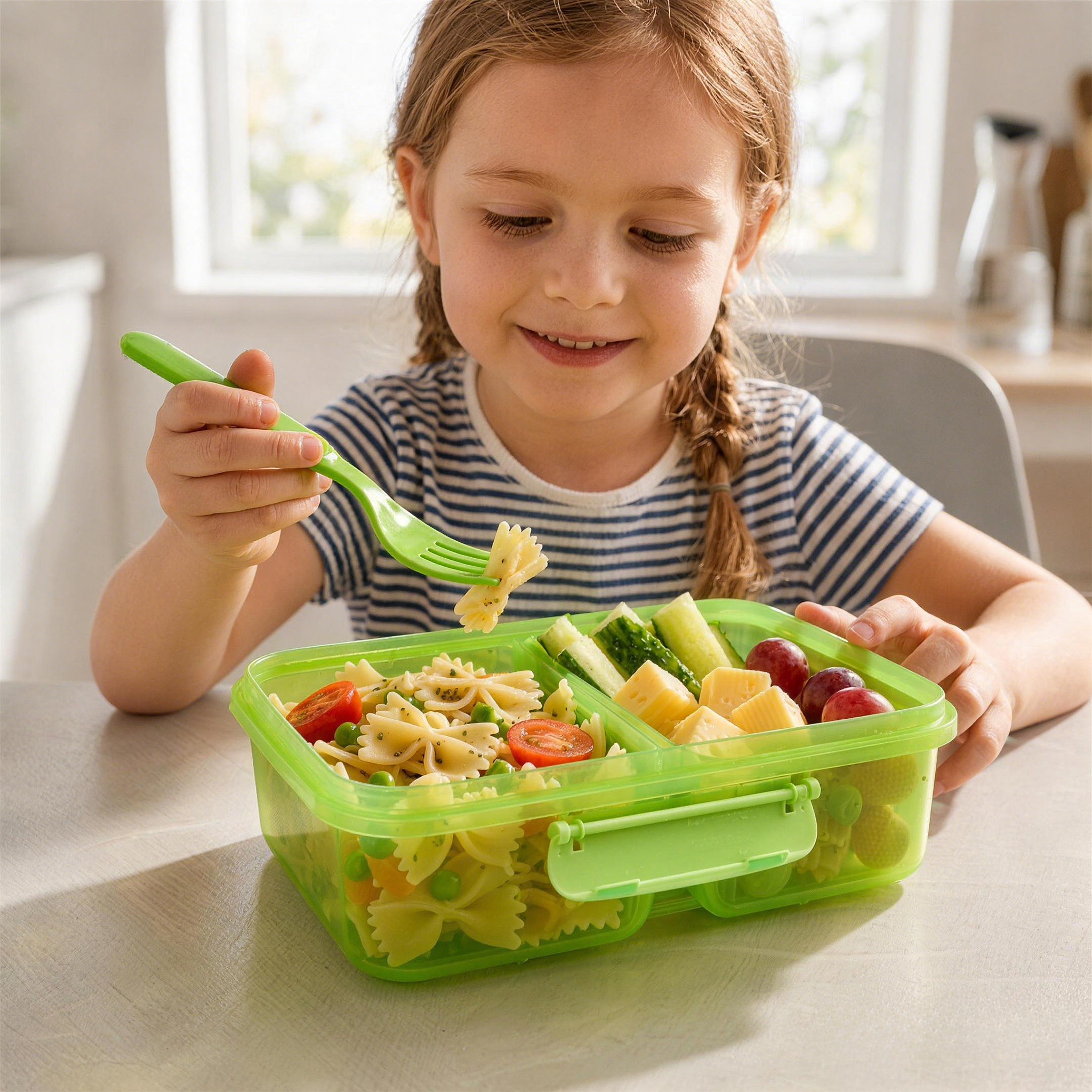 Young child eating vegetables from a divided kids snack container at the table