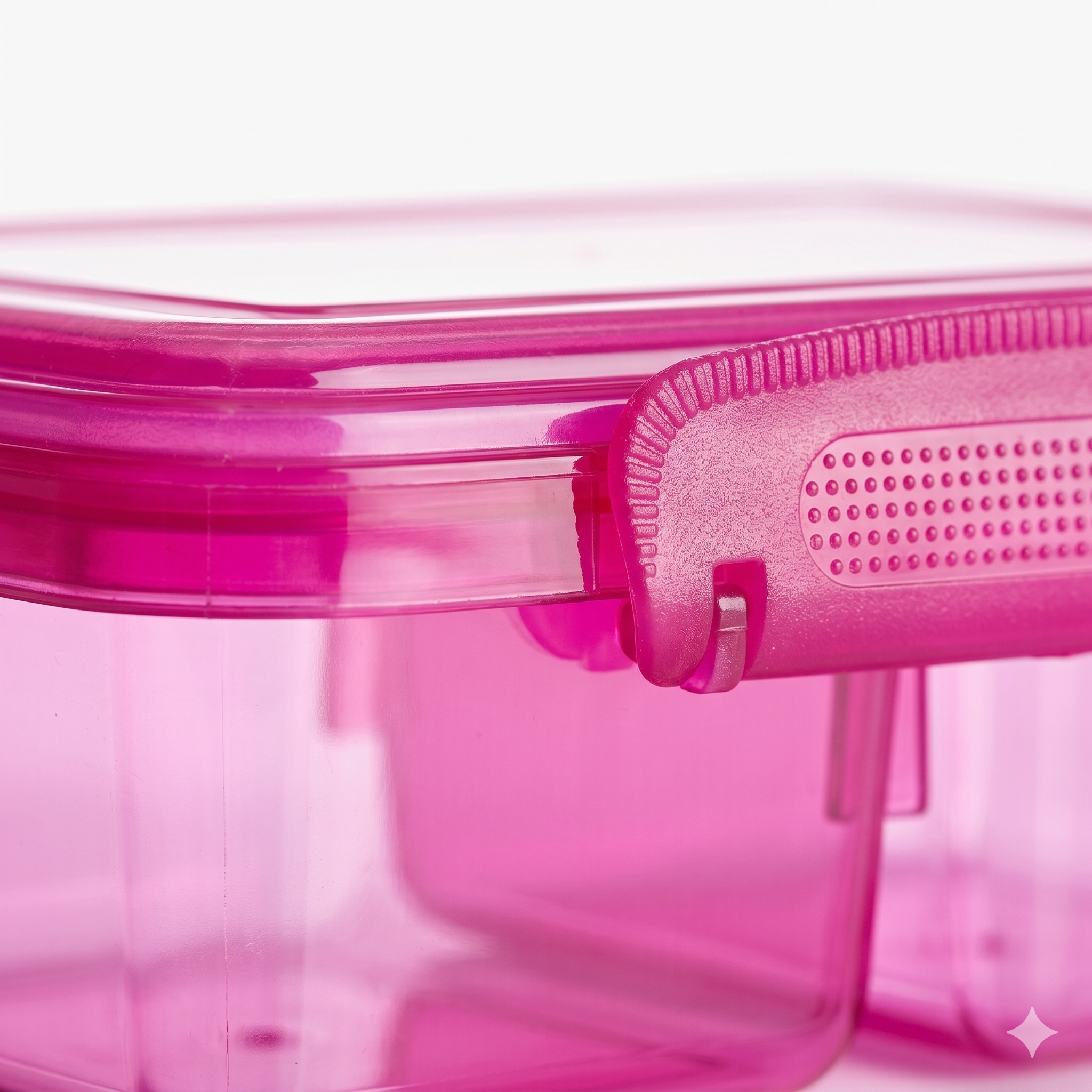 Close-up of a pink kids snack container showing the secure leak-proof locking latch