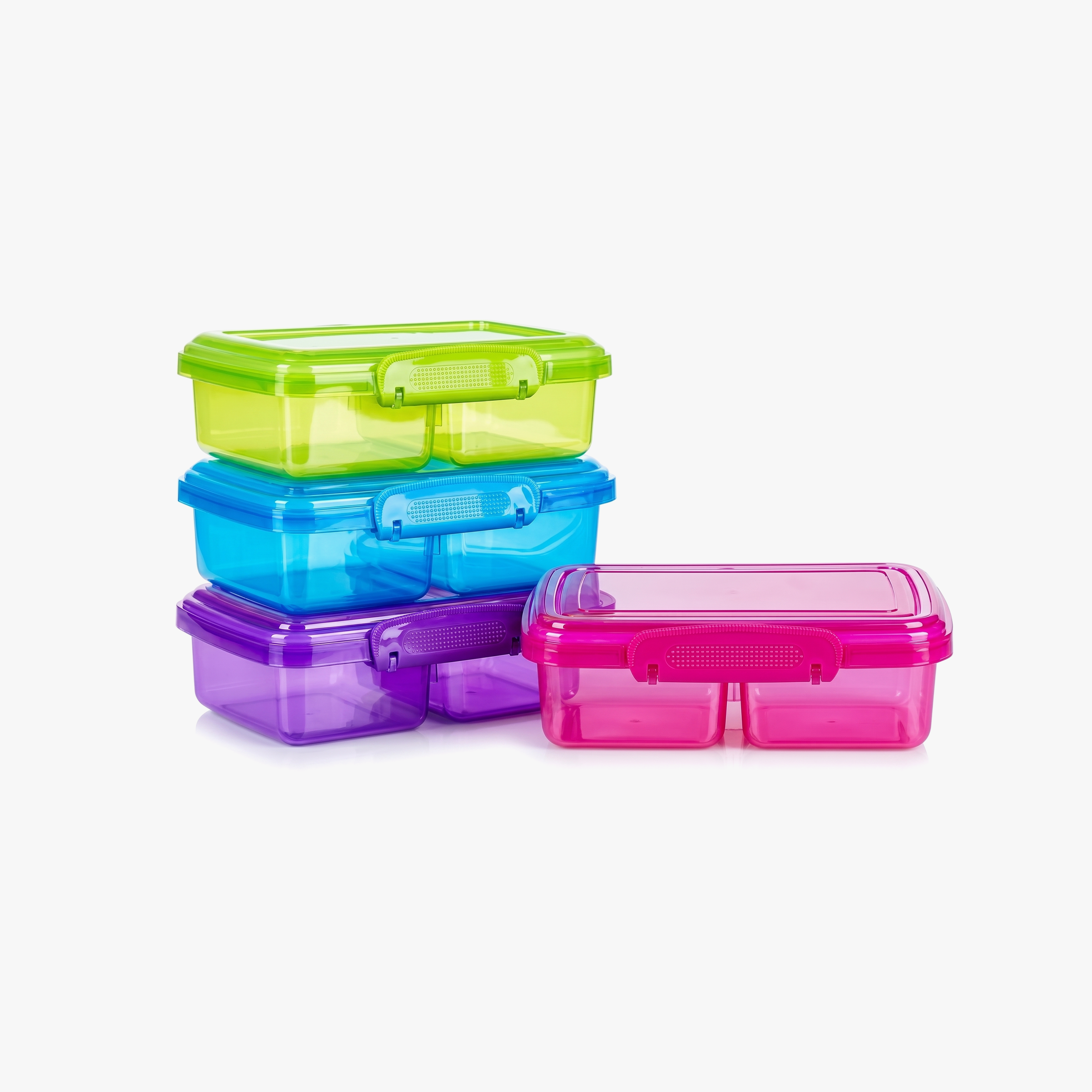 Set of stackable kids snack containers in green, blue and pink with snap-lock lids