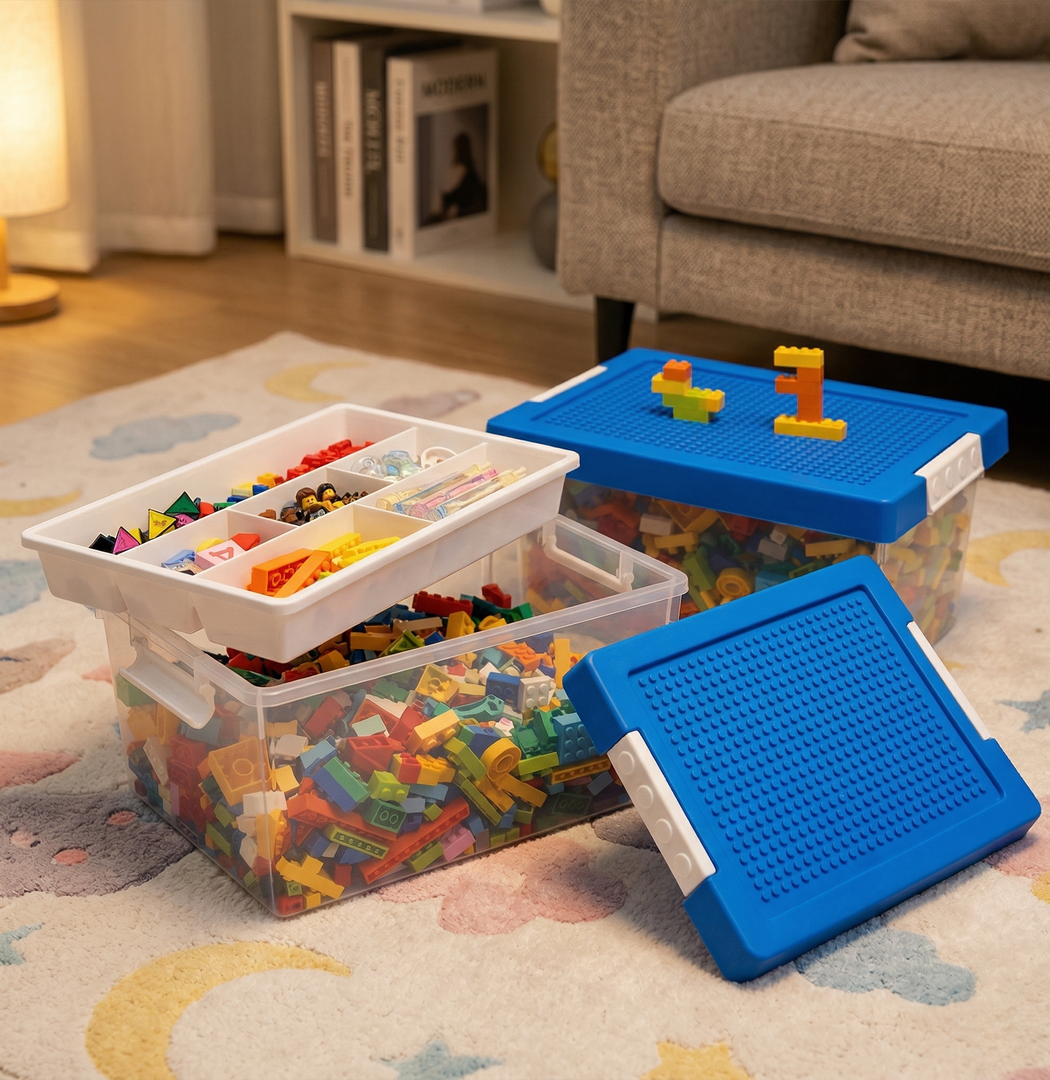 Greentainer stackable toy storage bins with building-block baseplate lids in blue